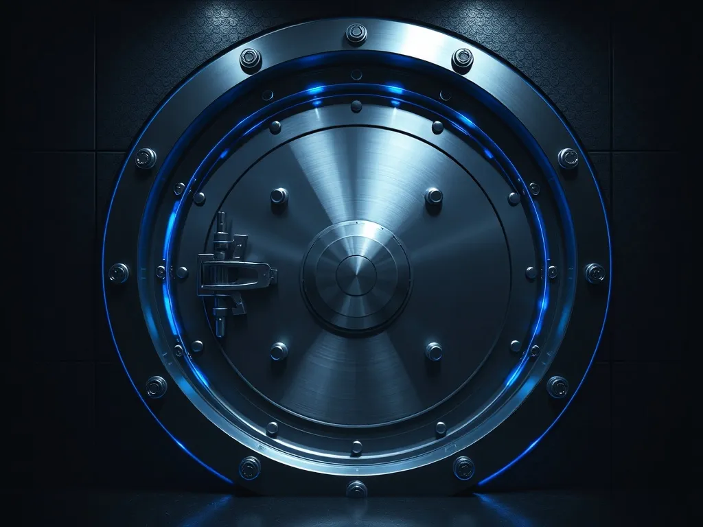 A high-contrast architectural detail of a modern steel vault